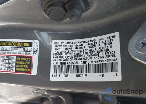 2008 Honda Civic Lx z USA, uszkodzony, nr VIN 1HGFA16538L102016